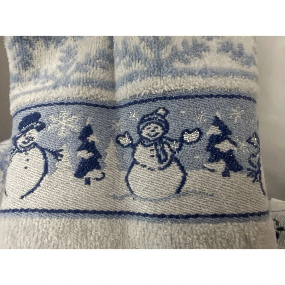 Vintage Blue/White/Silver Snowman Cotton Towel Set 4 Pieces Snow Winter GUC
